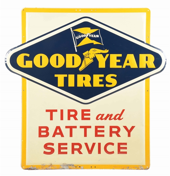 GOODYEAR TIRES TIRE AND BATTERY SERVICE EMBOSSED TIN SIGN.