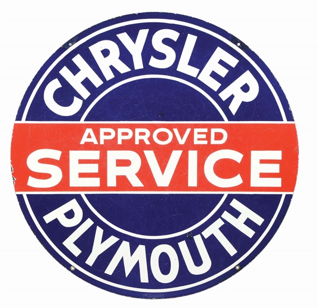 CHRYSLER PLYMOUTH APPROVED SERVICE DOUBLE SIDED PORCELAIN SIGN.