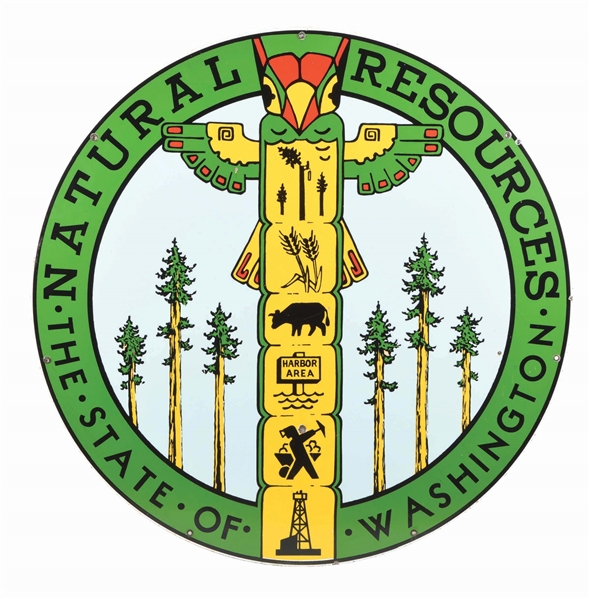 THE STATE OF WASHINGTON NATURAL RESOURCES PORCELAIN SIGN W/ TOTEM POLE GRAPHIC.