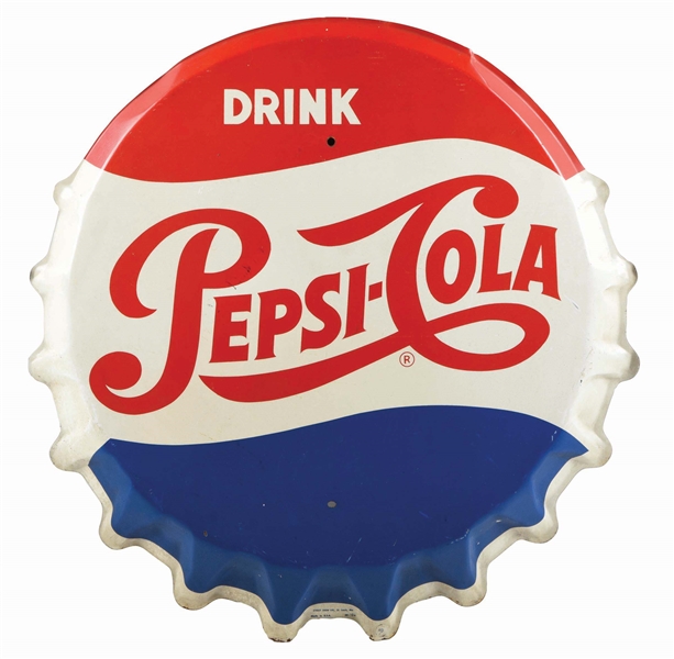 DRINK PEPSI-COLA BOTTLE CAP DIE CUT TIN SIGN.