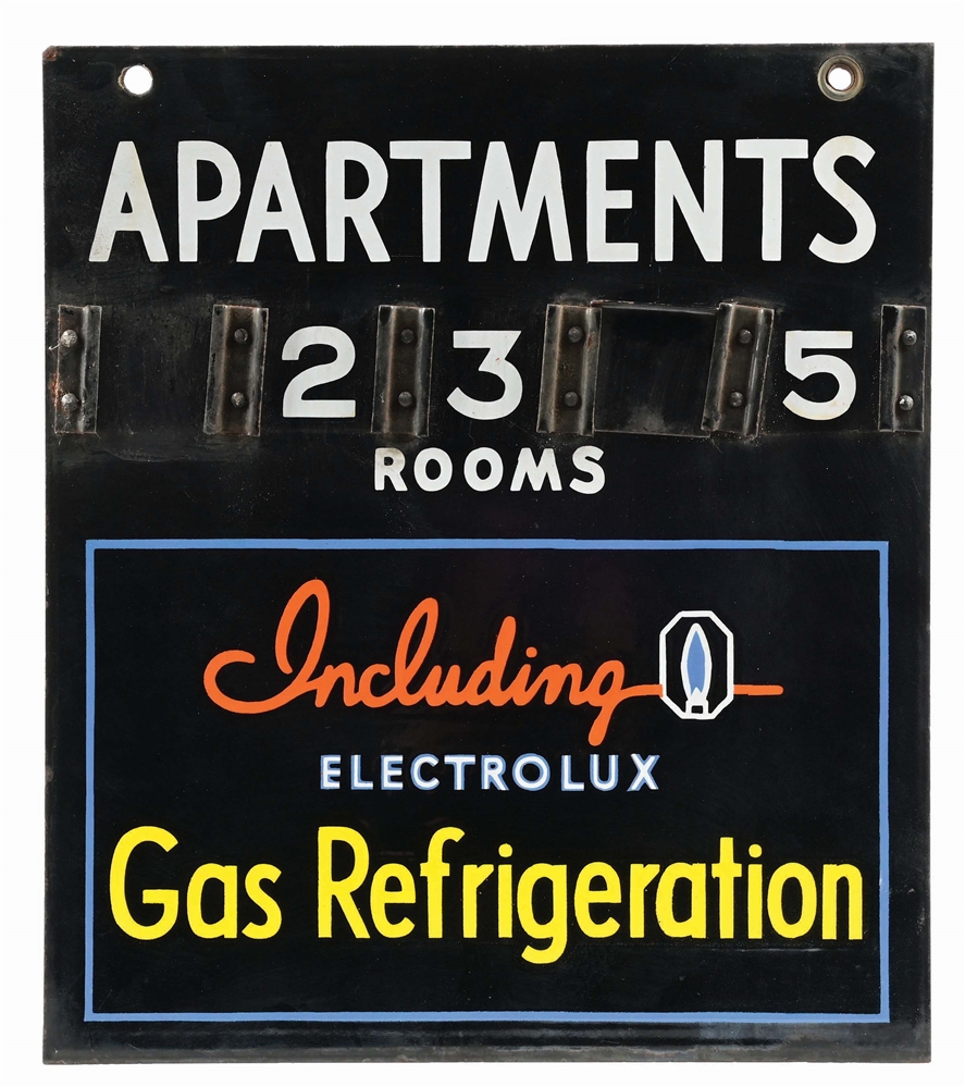 APARTMENTS INCLUDING ELECTROLUX GAS REFRIGERATION PORCELAIN SIGN.