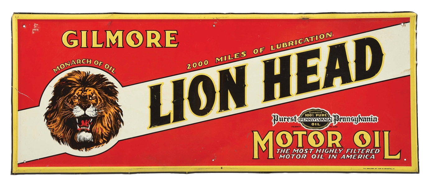 GILMORE LION HEAD MOTOR OIL SELF-FRAMED TIN SIGN W/ LION GRAPHIC.