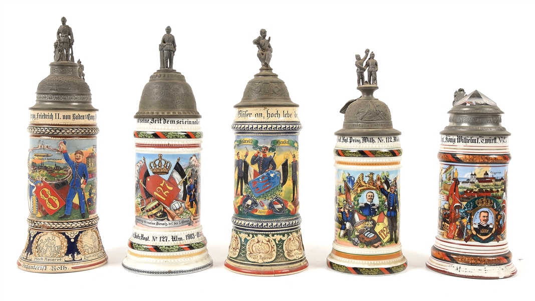 LOT OF 5: IMPERIAL GERMAN STYLE BADEN AND WURTTEMBERG BEER STEINS.