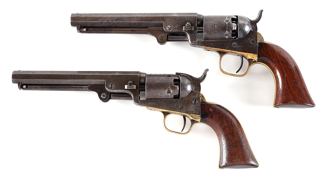 (A) RARE PAIR OF VERTICAL CASED COLT MODEL 1849 POCKET PERCUSSION REVOLVERS.