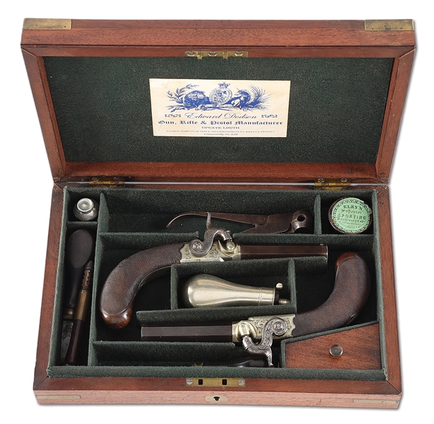 (A) CASED PAIR OF ENGLISH SCREW BARREL PERCUSSION PISTOLS BY EDWARD DODSON.