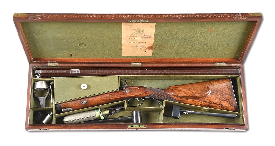 (A) A HIGH CONDITION WESTLEY RICHARDS PERCUSSION BIG GAME RIFLE WITH CASE, ATTRIBUTED TO THE MAHARAJA OF JAIPUR.