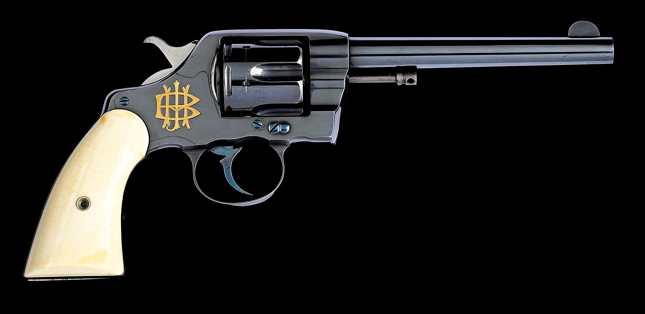 (A) ABSOLUTELY STUNNING COLT MODEL 1894 NEW ARMY DOUBLE ACTION REVOLVER WITH GOLD INLAID MONOGRAM TO JOHNNY BAKER (1895).