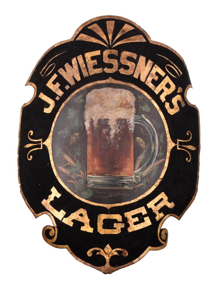 J.F. WIESSNERS LAGER BEER TIN CORNER SIGN