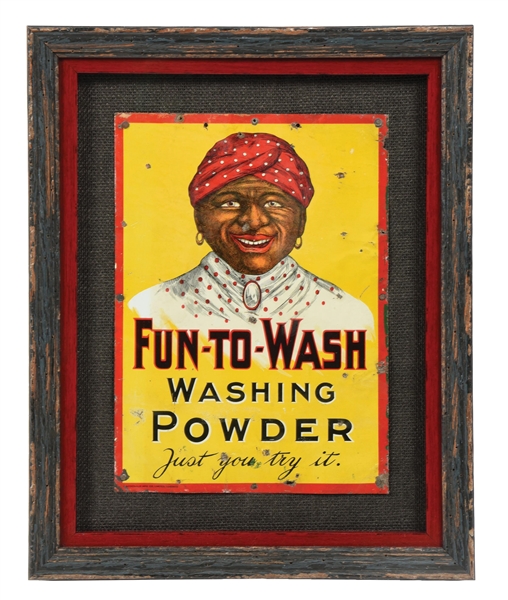 FUN-TO-WASH WASHING POWDER TIN LITHOGRAPH SIGN W/ BLACK AMERICANA GRAPHIC.