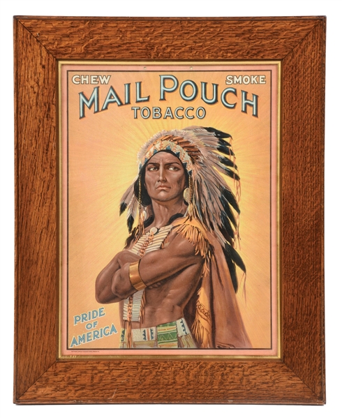 MAIL POUCH TOBACCO CARDSTOCK LITHOGRAPH W/ NATIVE AMERICAN GRAPHIC.