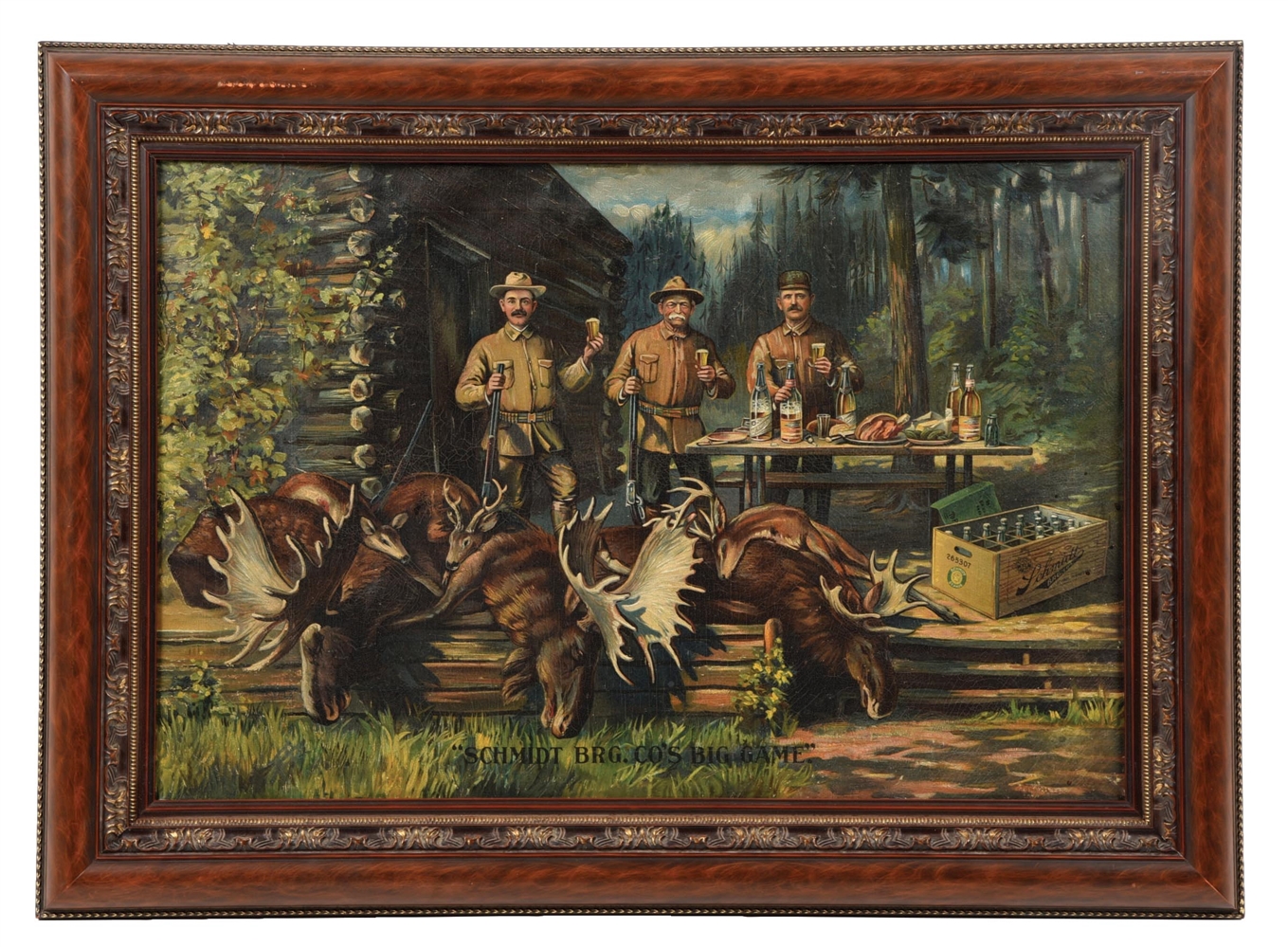 SCHMIDT BRG. CO.S BIG GAME CANVAS PAINTING W/ HUNTING GRAPHIC.