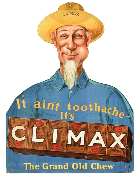 CLIMAX CHEWING TOBACCO CARDBOARD EASEL BACK W/ GENTLEMAN GRAPHIC.