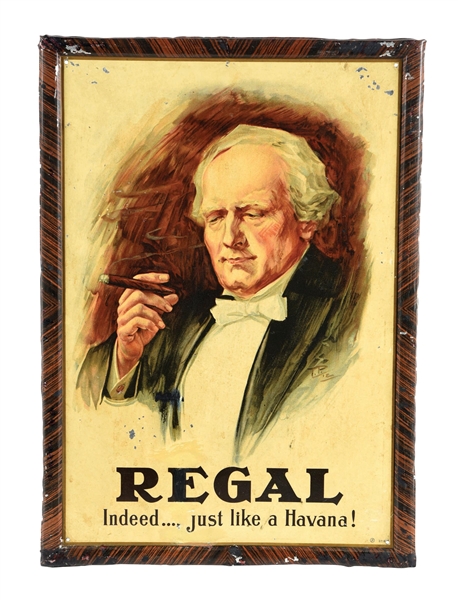 REGAL CIGAR SELF-FRAMED TIN LITHOGRAPH W/ GENTLEMAN GRAPHIC.