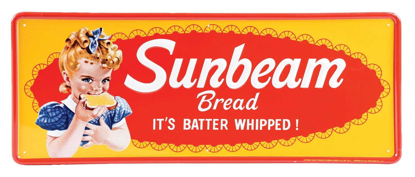 SUNBEAM BREAD SELF-FRAMED EMBOSSED TIN SIGN W/ SUNBEAM GIRL GRAPHIC.