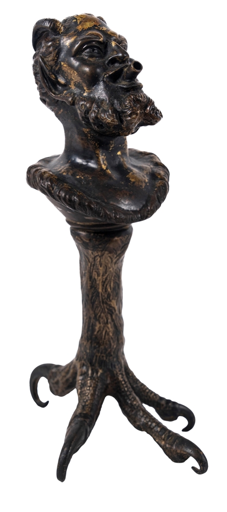 CAST BRONZE FIGURAL CIGAR LIGHTER IN THE FORM OF A HORNED MYTHICAL FIGURE