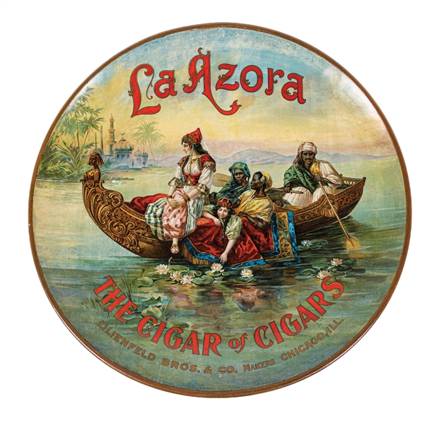 LA AZORA "CIGAR OF CIGARS" TIN LITHOGRAPH CHARGER SIGN W/ EGYPTIAN GRAPHICS