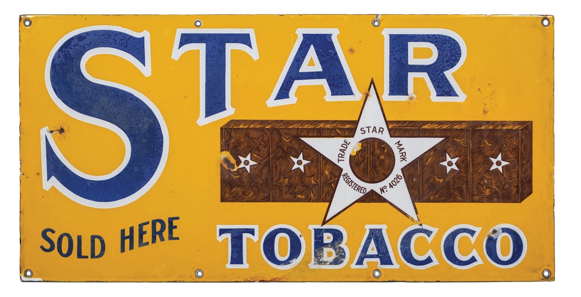 STAR TOBACCO PORCELAIN SIGN W/ TOBACCO PACK GRAPHIC