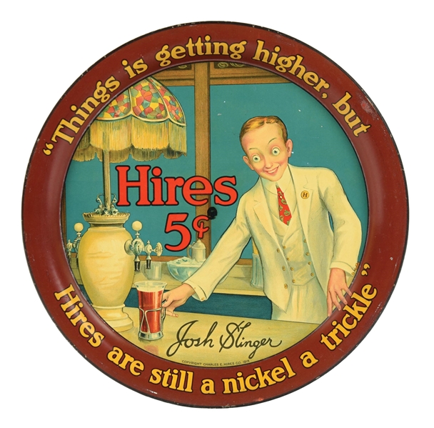 HIRES ROOT BEER TIN LITHOGRAPH TRAY W/ JOSH SLINGER GRAPHIC