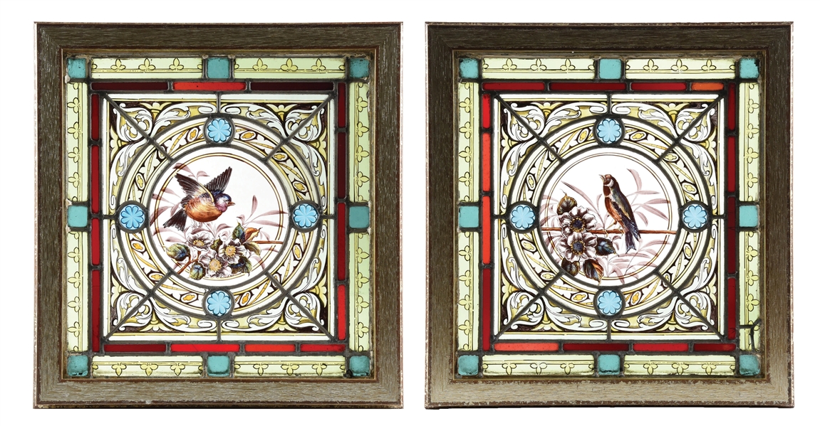 PAIR OF STAINED GLASS WINDOWS W/ BIRD