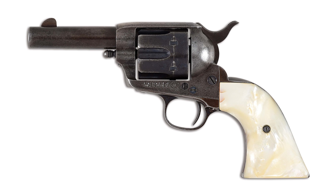 (A) FINE COLT SHERIFFS MODEL SINGLE ACTION ARMY REVOLVER WITH CARVED STEERHEAD PEARL GRIPS.