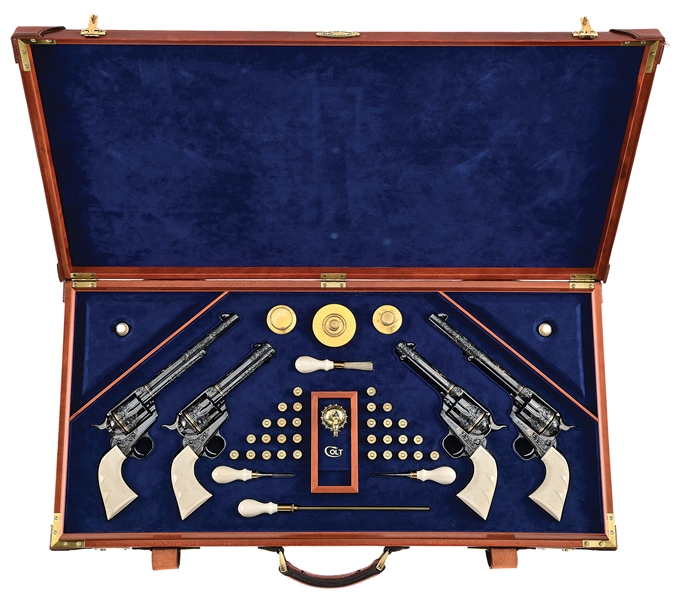 (M) MONUMENTAL CASED SET OF 4 FRANCOLINI MASTER ENGRAVED AND GOLD INLAID COLT SINGLE ACTION REVOLVERS.