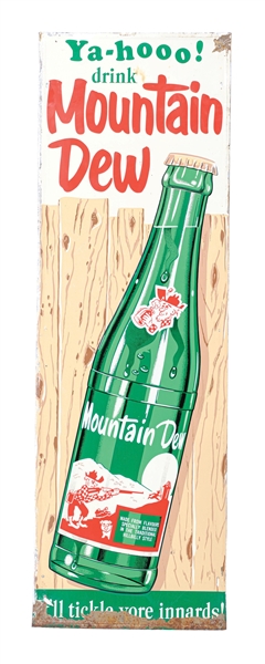 MOUNTAIN DEW TIN BOTTLE SIGN W/ HILLBILLY GRAPHIC
