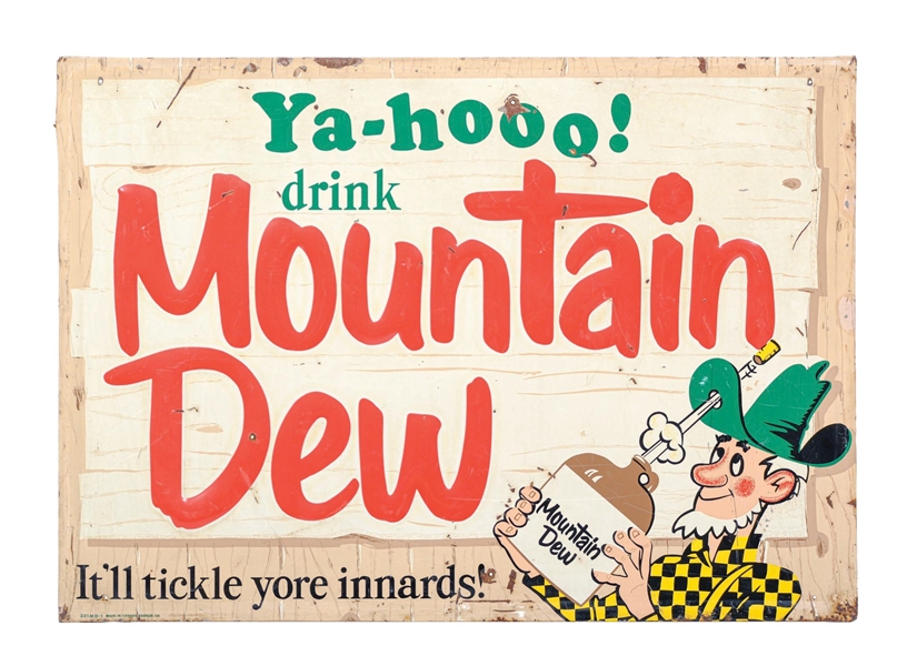 TIN MOUNTAIN DEW SIGN W/ HILLBILLY GRAPHIC