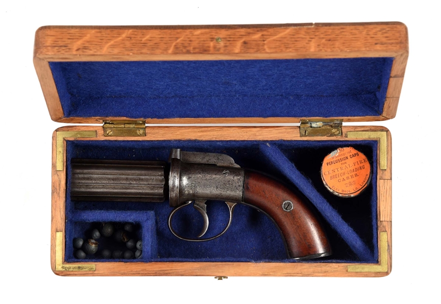 (A) CASED ENGLISH PERCUSSION PEPPERBOX REVOLVER.