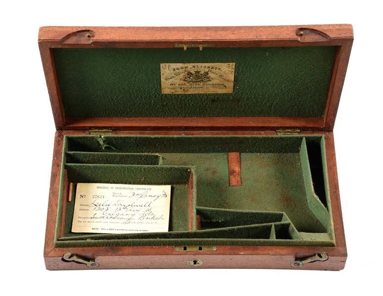 JOHN BLISSETT ENGLISH OAK RETAILER CASE FOR A TRANTER REVOLVER.