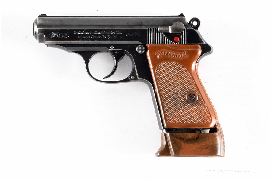 (C) WALTHER PPK SEMI AUTOMATIC PISTOL WITH RARE EXTENDED MAGAZINE BASE.