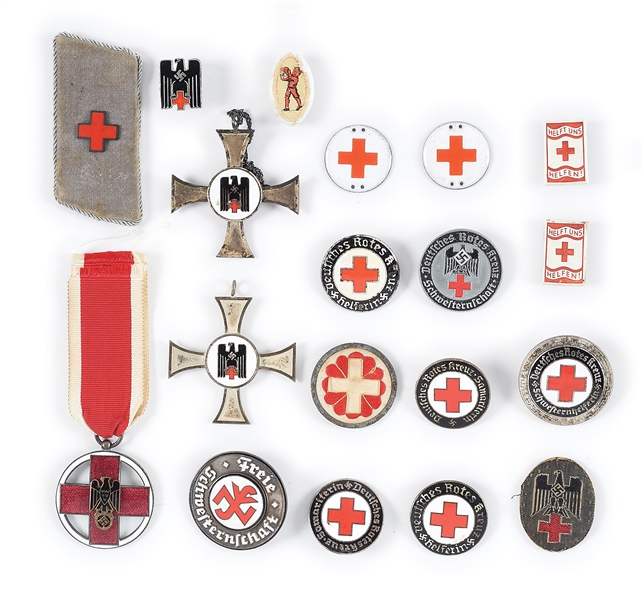 LOT OF THIRD REICH RED CROSS MEDALS, PINS, AND INSIGNIA.