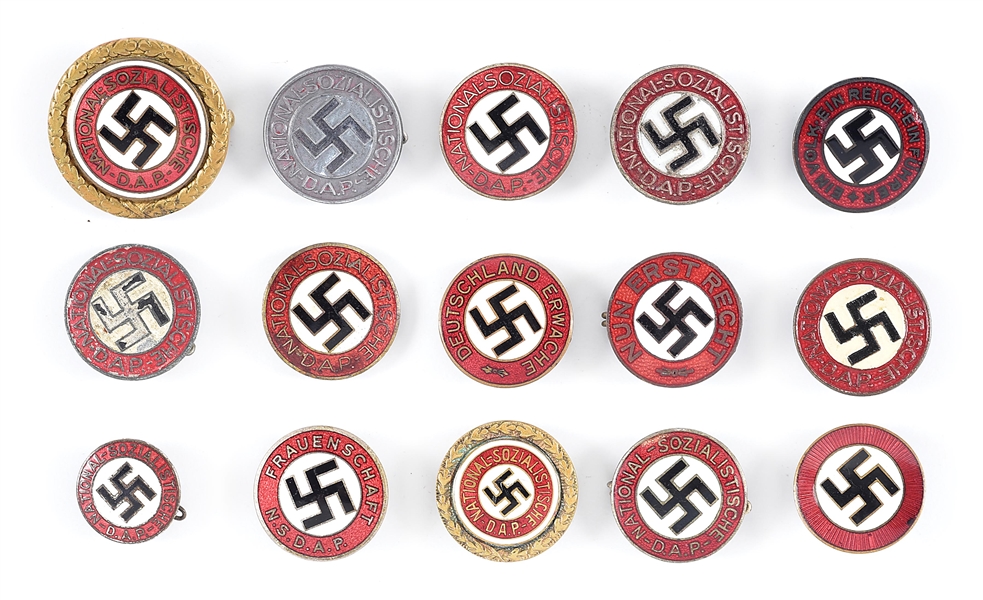 LOT OF 15: THIRD REICH NSDAP PARTY PINS, INCLUDING 2 GOLD NUMBERED PINS.