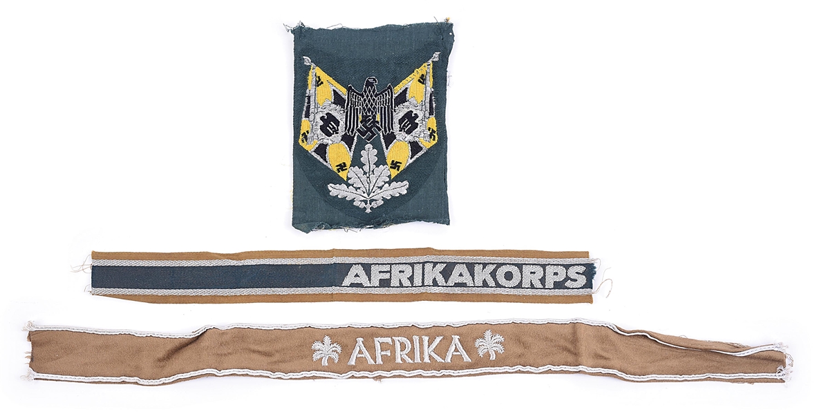 LOT OF 3: GERMAN WWII AFRIKAKORPS CUFFTITLES AND STANDARD BEARER PATCH. 