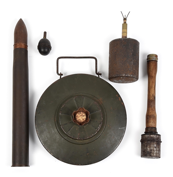 LOT OF THIRD REICH ORDNANCE INCLUDING S-MINE AND GRENADE WITH FRAG SLEEVE.