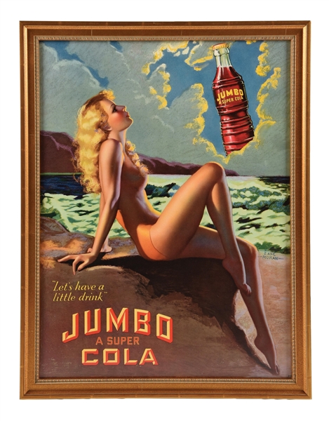 JUMBO SUPER COLA CARDBOARD LITHOGRAPH W/ BEAUTIFUL WOMAN AND BOTTLE GRAPHIC