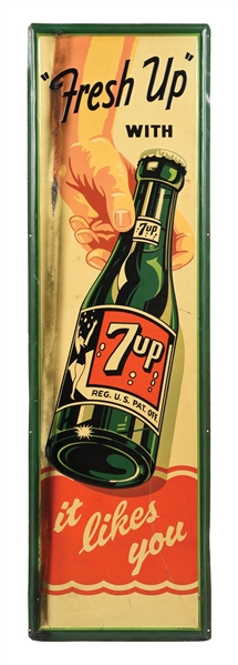 "FRESH UP WITH 7UP IT LIKES YOU" SELF FRAMED EMBOSSED TIN SIGN W/ BOTTLE IN HAND GRAPHIC