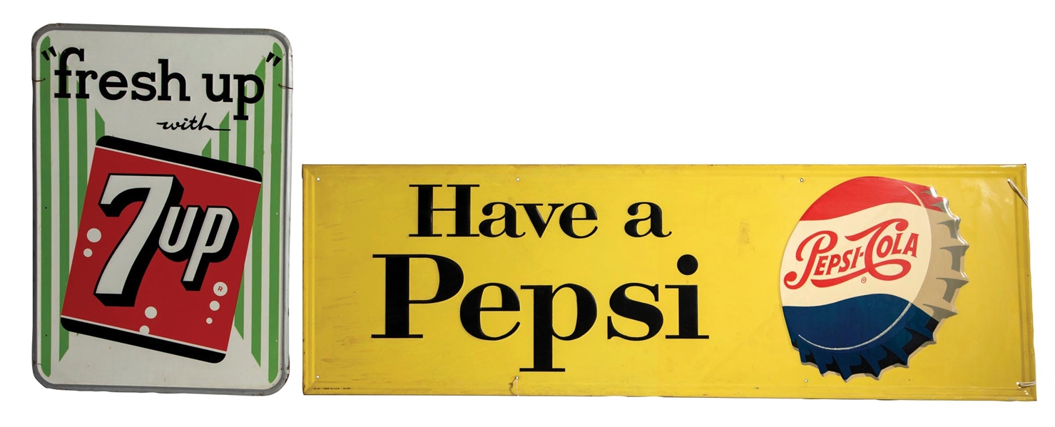 COLLECTION OF 2 7UP "FRESH UP" & HAVE A PEPSI TIN SIGNS