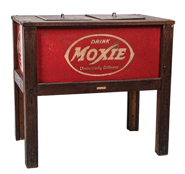 DRINK MOXIE EARLY WOODEN COOLER W/ METAL SIGNS. 