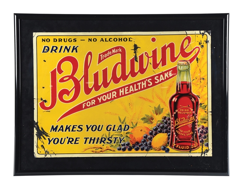 DRINK BLUDWINE EMBOSSED TIN SODA SIGN W/ BOTTLE GRAPHIC