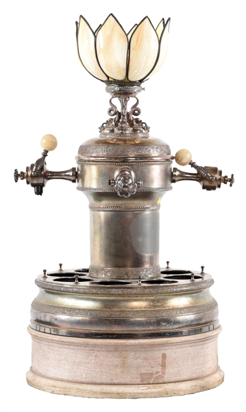 C. 1891 LIPPINCOTT SYRUP DISPENSER METAL & MARBLE WITH SPIGOTS