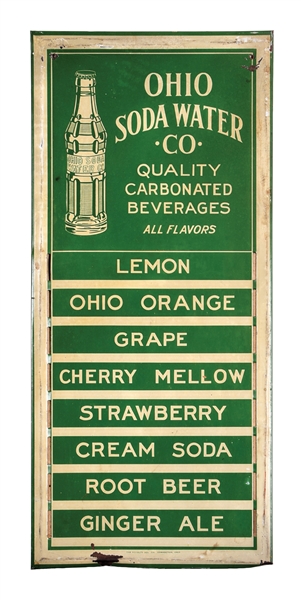 OHIO SODA WATER CO. SELF-FRAMED TIN MENU BOARD W/ BOTTLE GRAPHIC