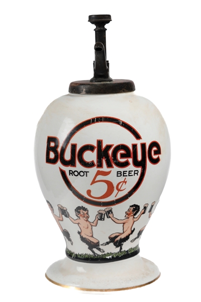 5 CENT BUCKEYE ROOT BEER CERAMIC SYRUP DISPENSER W/ IMPS GRAPHIC.