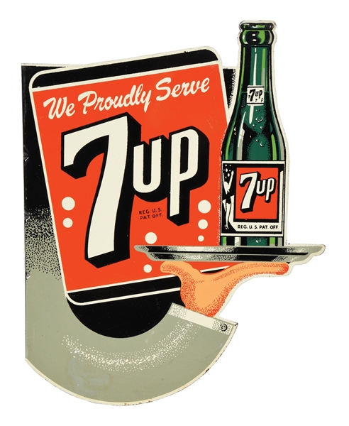 "WE PROUDLY SERVE 7UP" PAINTED METAL FLANGE SIGN W/ BOTTLE GRAPHIC