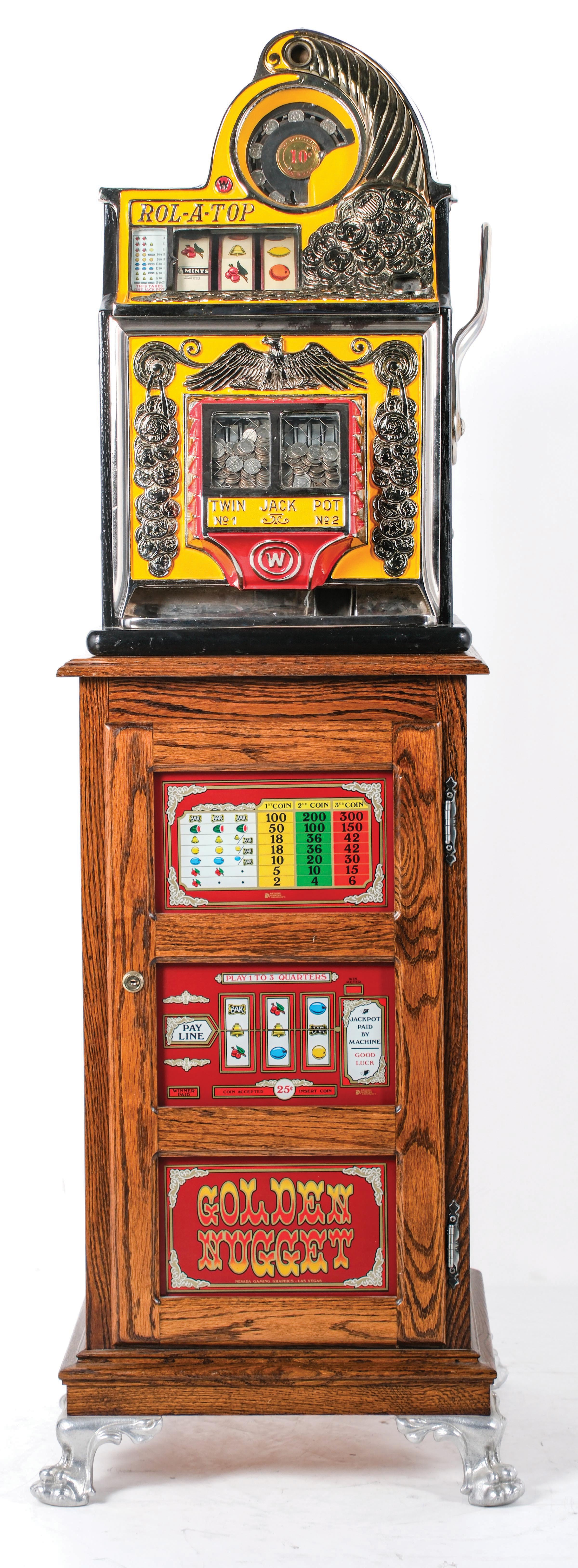 Standing Slot Machine Lot Detail - 10¢ WATLING COIN FRONT ROL-A-TOP SLOT MACHINE W/ STAND