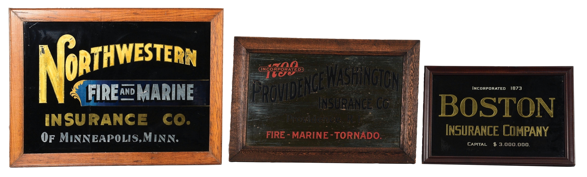 COLLECTION OF 3 EARLY INSURANCE CO. SIGNS W/ WOOD FRAMES.