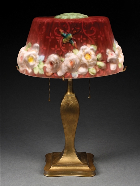 PAIRPOINT REVERSE PAINTED PUFFY FLORAL & HUMMINGBIRD TABLE LAMP