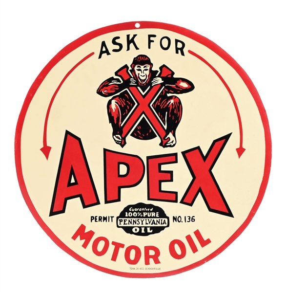 RARE "ASK FOR APEX" MOTOR OIL PORCELAIN SERVICE STATION SIGN.