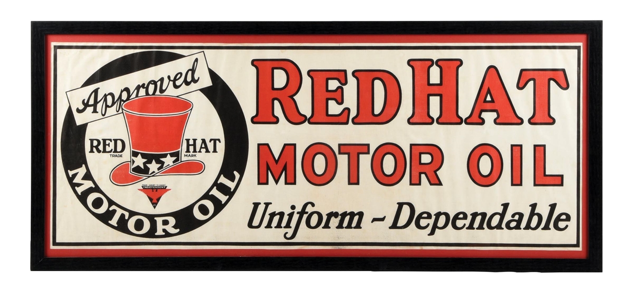 RED HAT MOTOR OIL FRAMED SERVICE STATION CLOTH BANNER. 