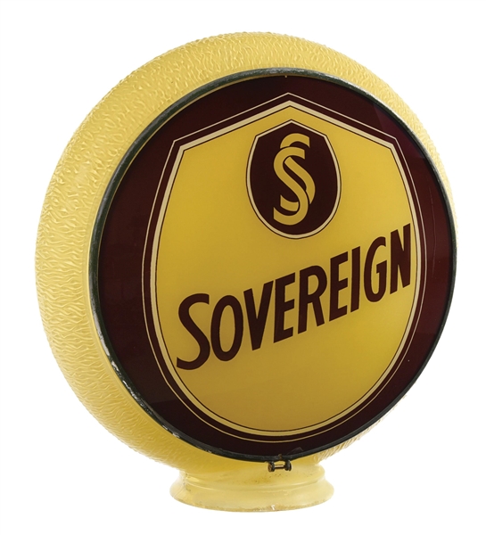 SOVEREIGN GASOLINE COMPLETE 13.25" GLOBE ON ORIGINAL YELLOW RIPPLE GILLCO GLASS BODY.