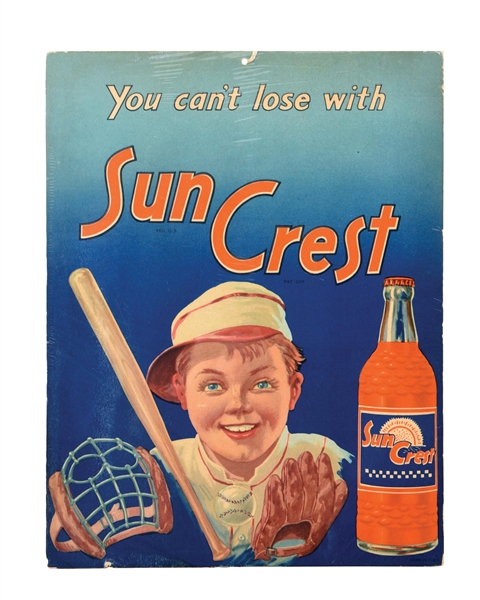 "YOU CANT LOSE WITH SUN CREST" CARDSTOCK LITHOGRAPH W/ BASEBALL & BOTTLE GRAPHIC